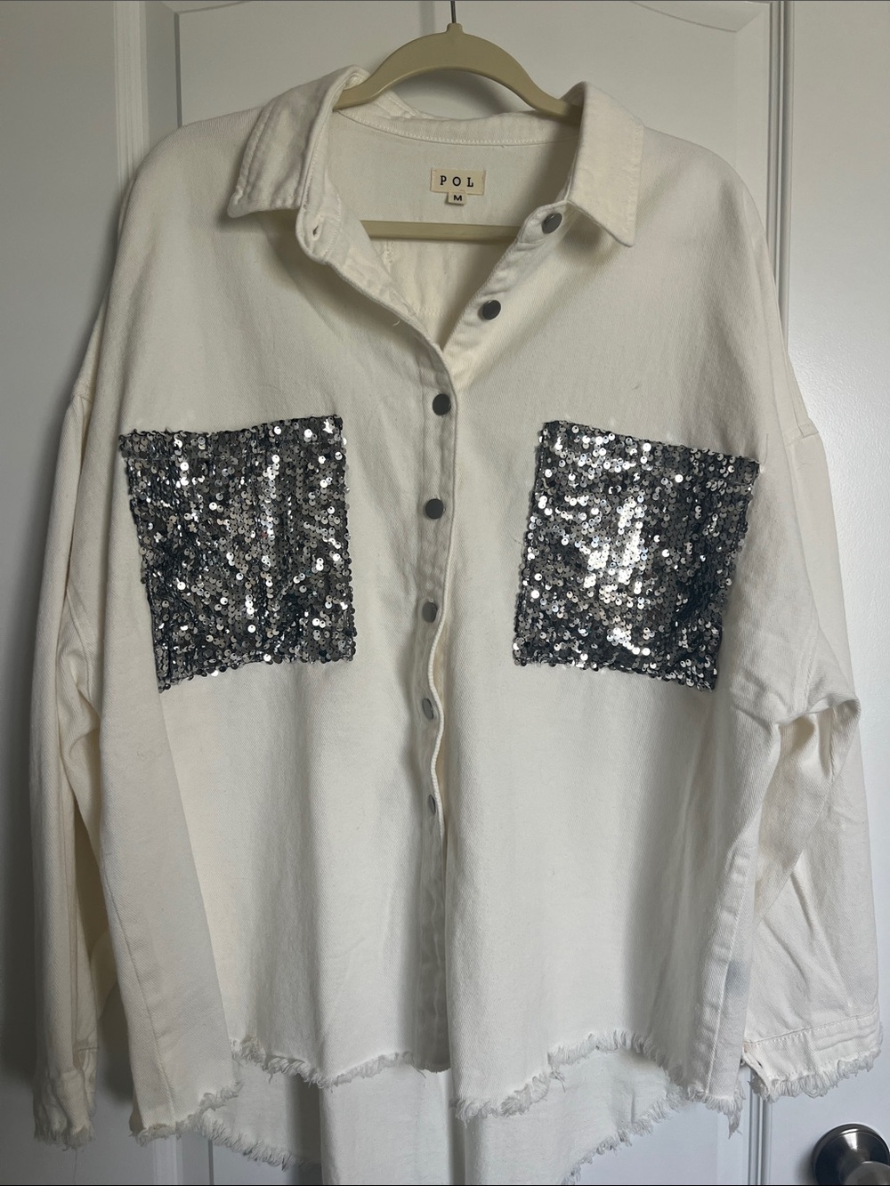 POL White Oversized Shirt Jacket with Silver Sequin Pockets